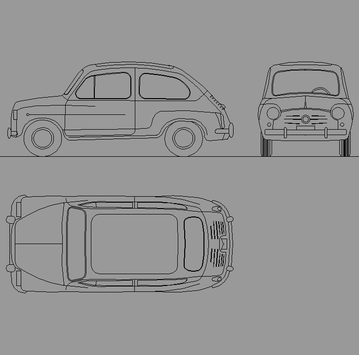 Bloque Autocad Vista de Seat 600 en Alzado, Perfil y Planta